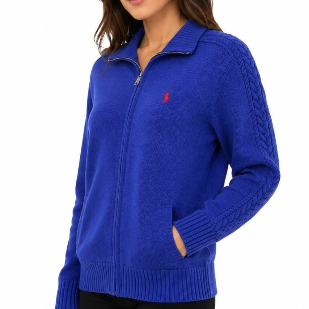 Vintage Polo Ralph Lauren Sport Cable Knit Sweater XL Full Zip Pockets Blue